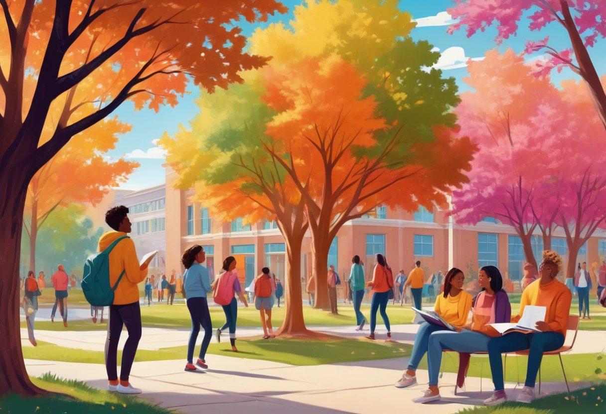 A vibrant college campus scene showcasing diverse students engaging in discussions about sexual wellness. Include elements like informative posters on a bulletin board, a friendly group talking with books in hand, and colorful trees in the background. The atmosphere should feel open and inviting, highlighting inclusivity and awareness. retro illustration. bright colors. harmonious composition.