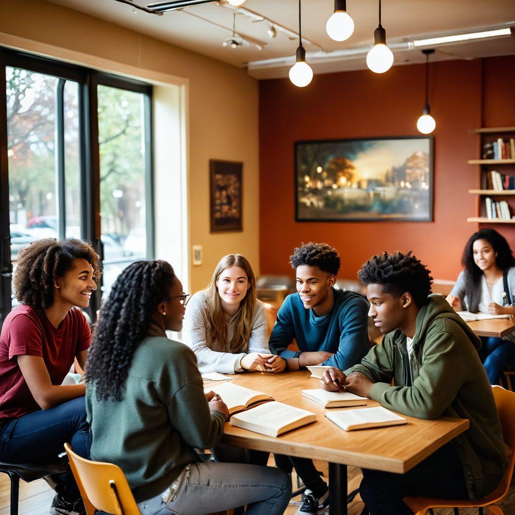 A diverse group of young adults engaged in an open discussion in a cozy campus cafe, with books and research papers scattered around. The atmosphere is warm and inviting, capturing a sense of camaraderie and exploration of intimacy and sexuality topics. Soft lighting creates an intimate setting, with vibrant college decor in the background. Illustrate emotions of curiosity, comfort, and understanding among the individuals. super-realistic. warm colors. cozy atmosphere.